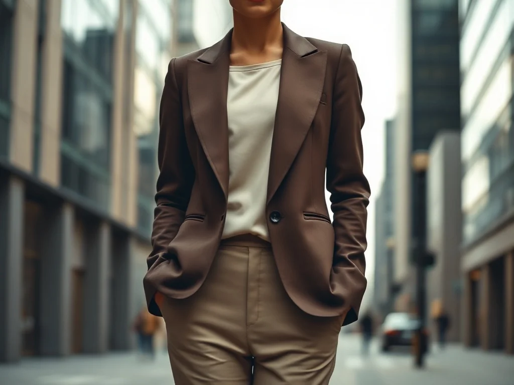 Stylowa kobieta w eleganckiej, dopasowanej marynarce na tle nowoczesnego miasta, prezentuje modną, miejską stylizację.