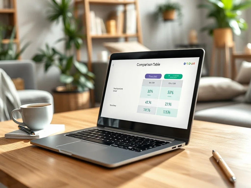 Laptop z kolorową tabelą porównawczą ubezpieczeń na życie na biurku, w spokojnym, domowym otoczeniu.