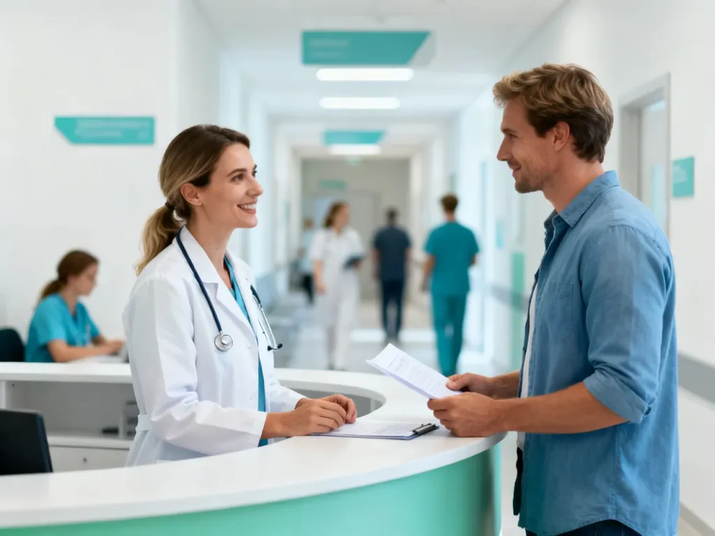 Lekarka rozmawia z pacjentem przy recepcji nowoczesnej kliniki, podkreślając komfort prywatnej opieki medycznej.